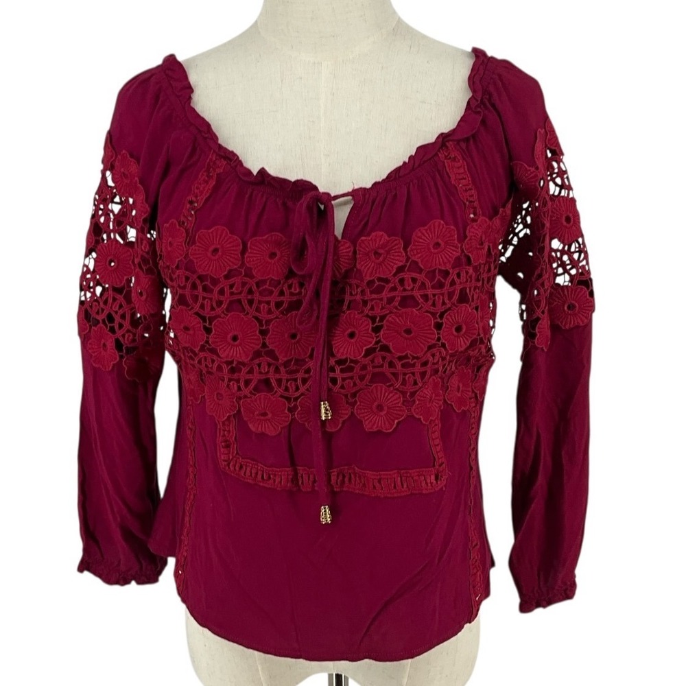Mocha Embroidered Lace Boho Peasant Blouse Top Burgundy Red Sz M Cottage Core
